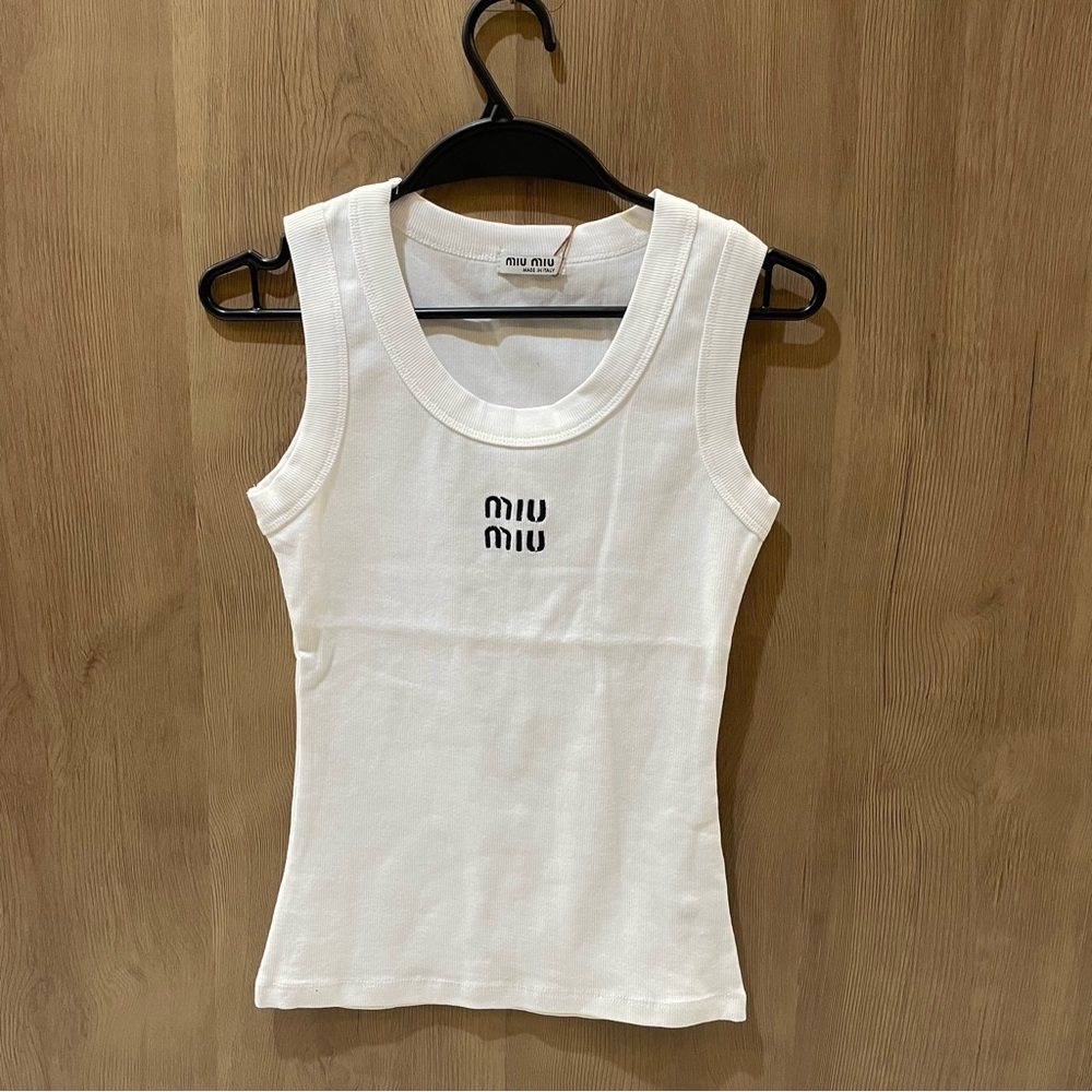 Miu Miu White Ribbed Logo Tank